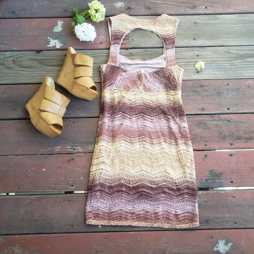 Free People Ombre Sunset Yellow Purple Lace Bodycon Mini Dress